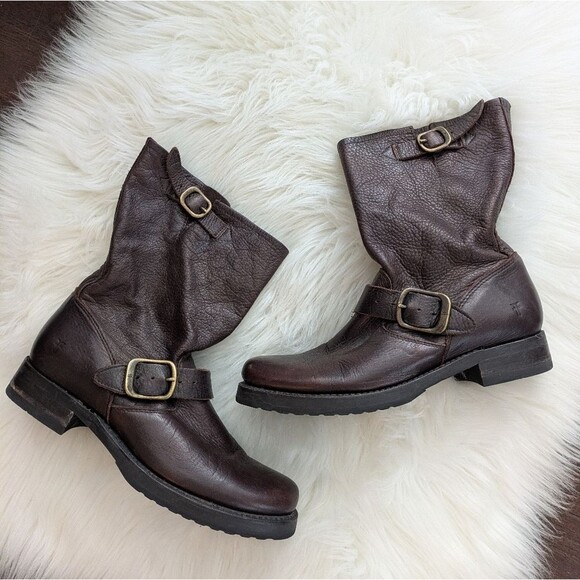 Frye Veronica Short Moto Boots Size 7.5 Dark Brown Leather Ankle Calf Booties - Picture 1 of 13